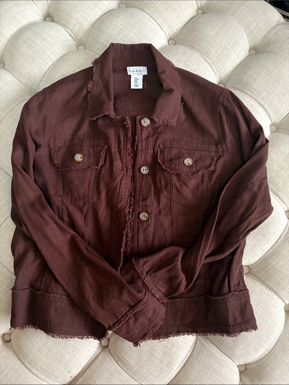 Nicole Miller New YorkWomen's Chocolate Brown Frayed-Hem Jean Jacket NWOT